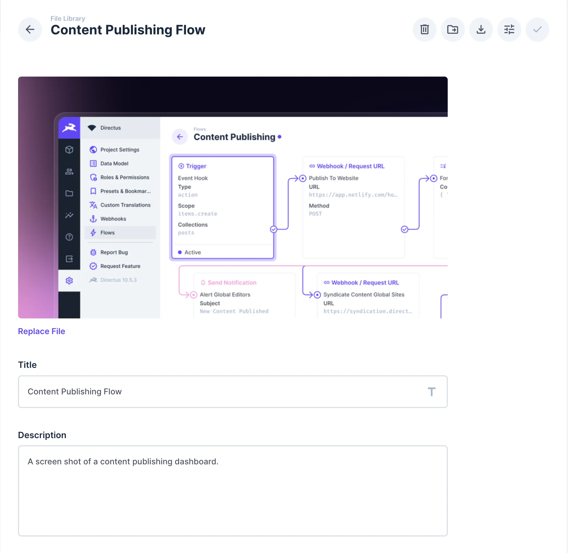 Screenshot of a File library item form that shows a large image of Directus Flows. Within the form there are two fields - Title and Description.