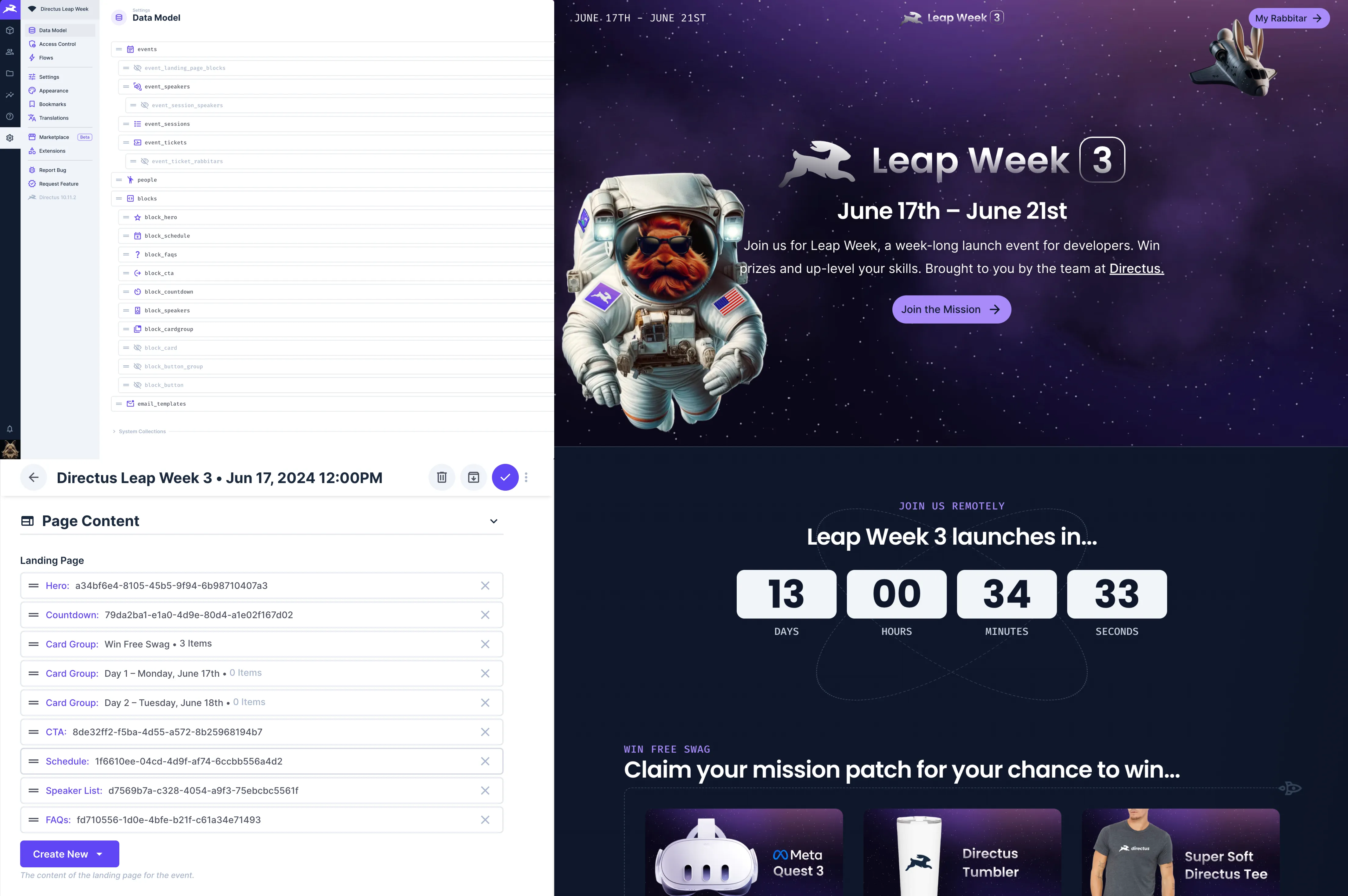 4 frames of the Directus Data Model, Page Content, landing page and launch countdown