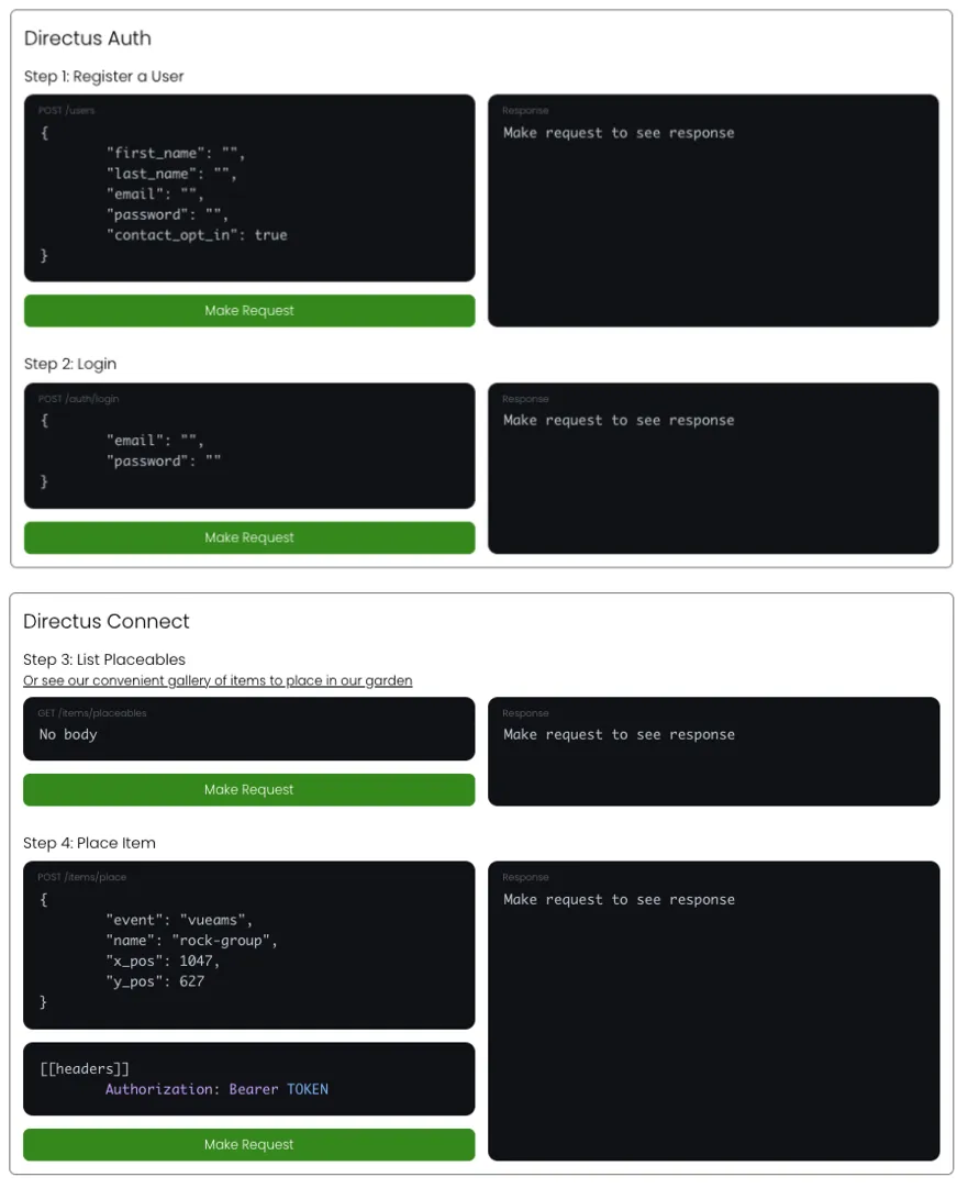 Four HTTP requests shown in code editors, and 4 empty repsonses. Each box has a button under it to make the request. The steps are: register a user, login, list placeables, and place item.