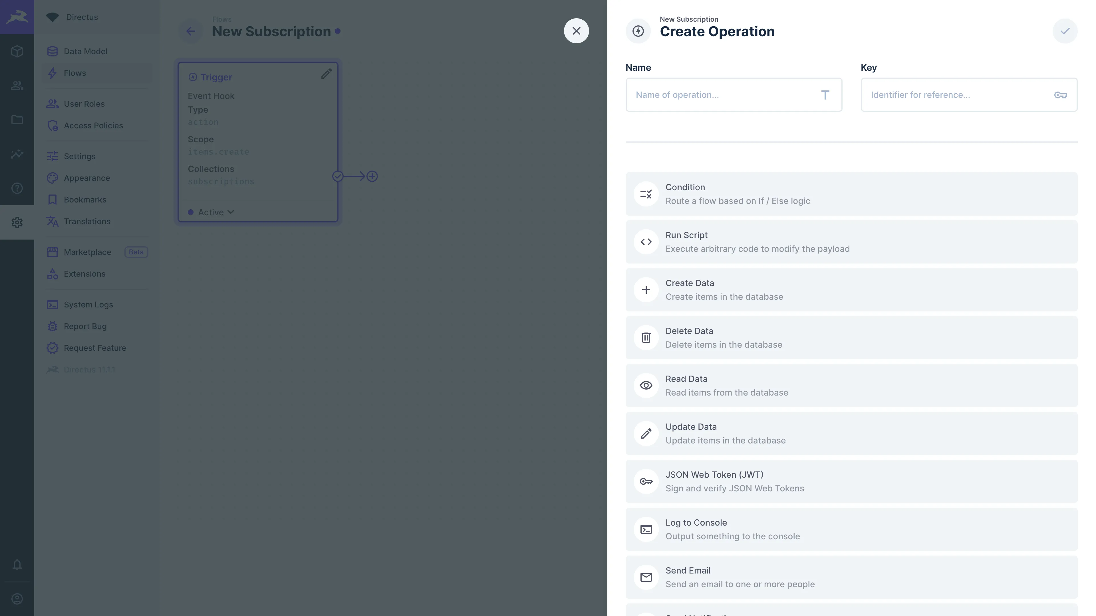 An operation being created in a "New Subscription" flow