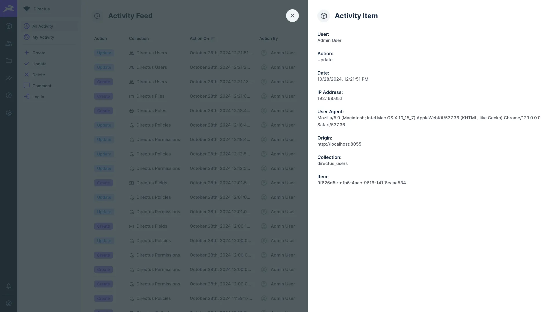 The activity feed item details drawer showing user, action, timestamp, IP address, user agent, collection, and item.