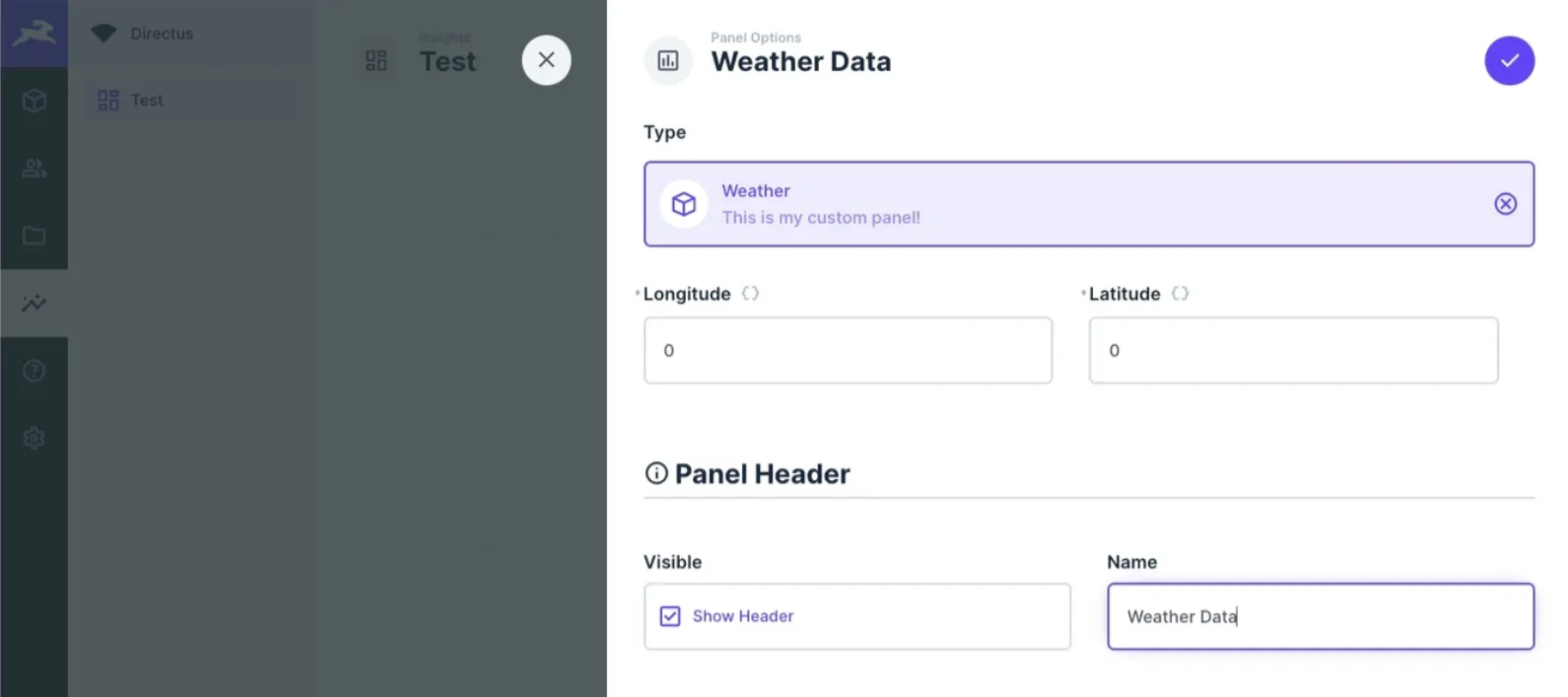 Panel configutation showing a longitude and latitude input field