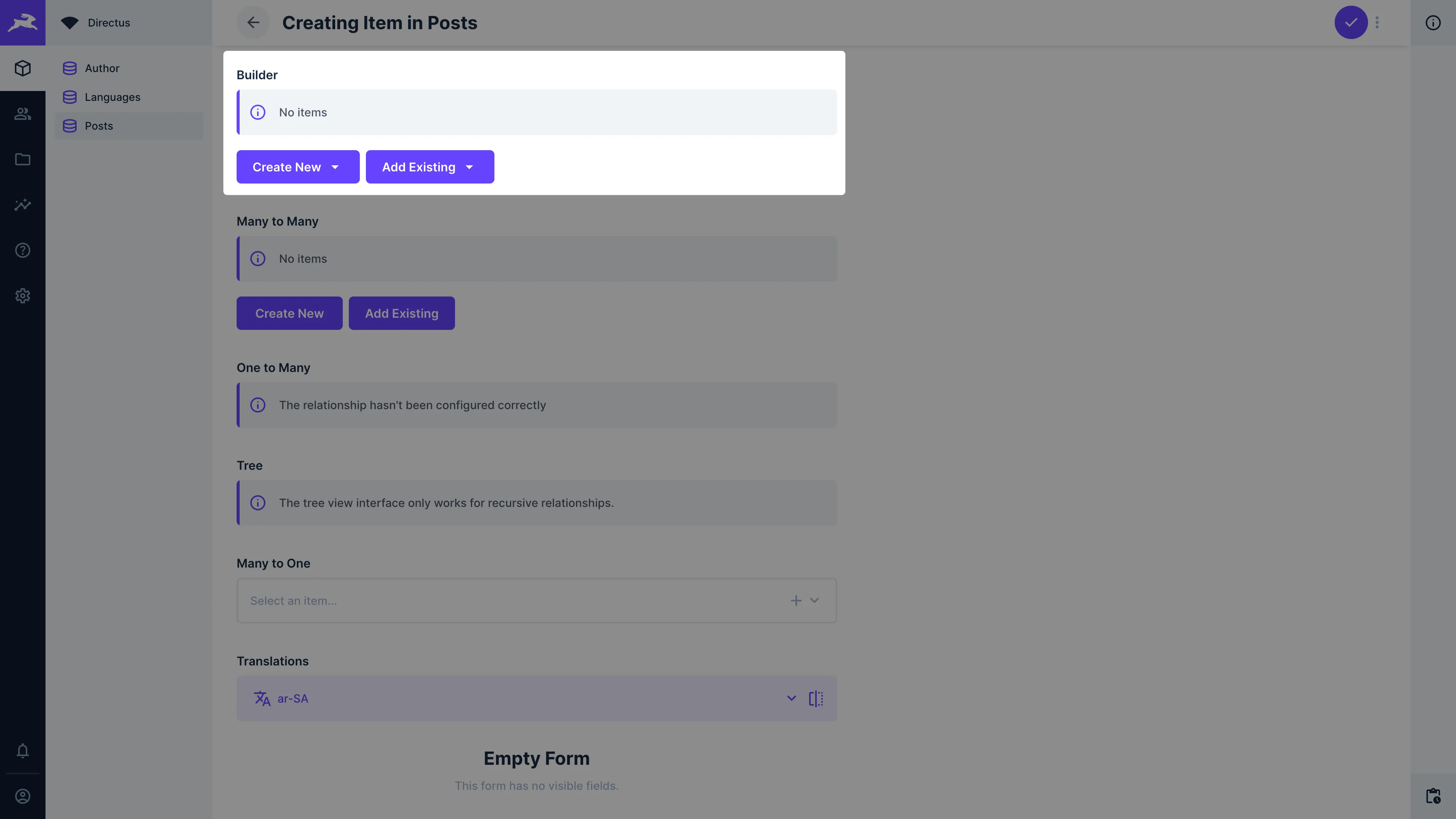 A form interface that allows users to create a relationship from the current item by selecting different items from multiple, distinct Collections.