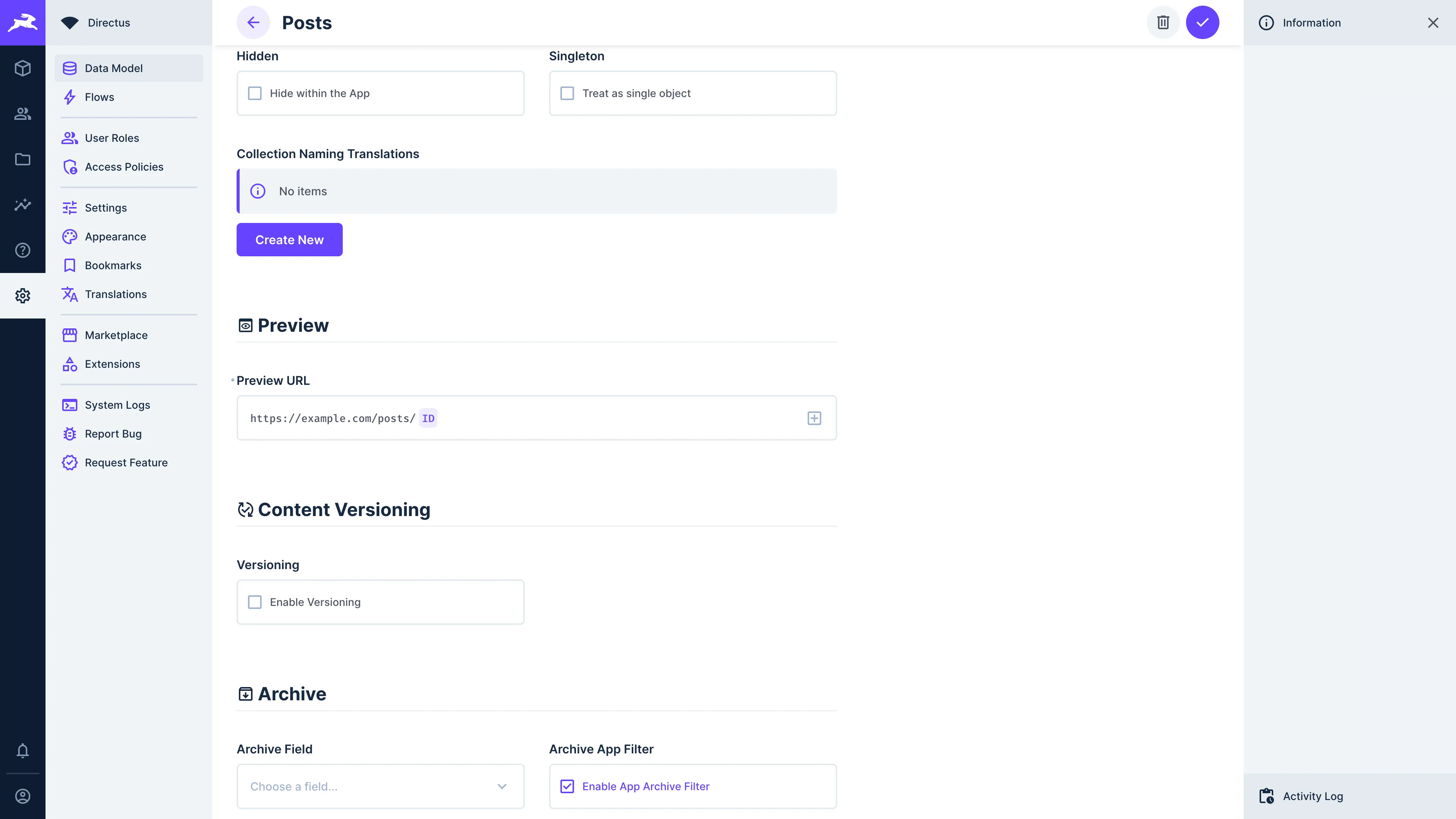 Data Studio configuration for Posts collection. The Preview URL is filled in with the dynamic ID.