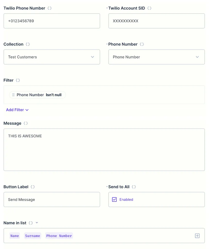 A long form showing Twilio credential fields, collection and field selection, a filter, message, button information, an optional Send to All checkbox, and a display template.