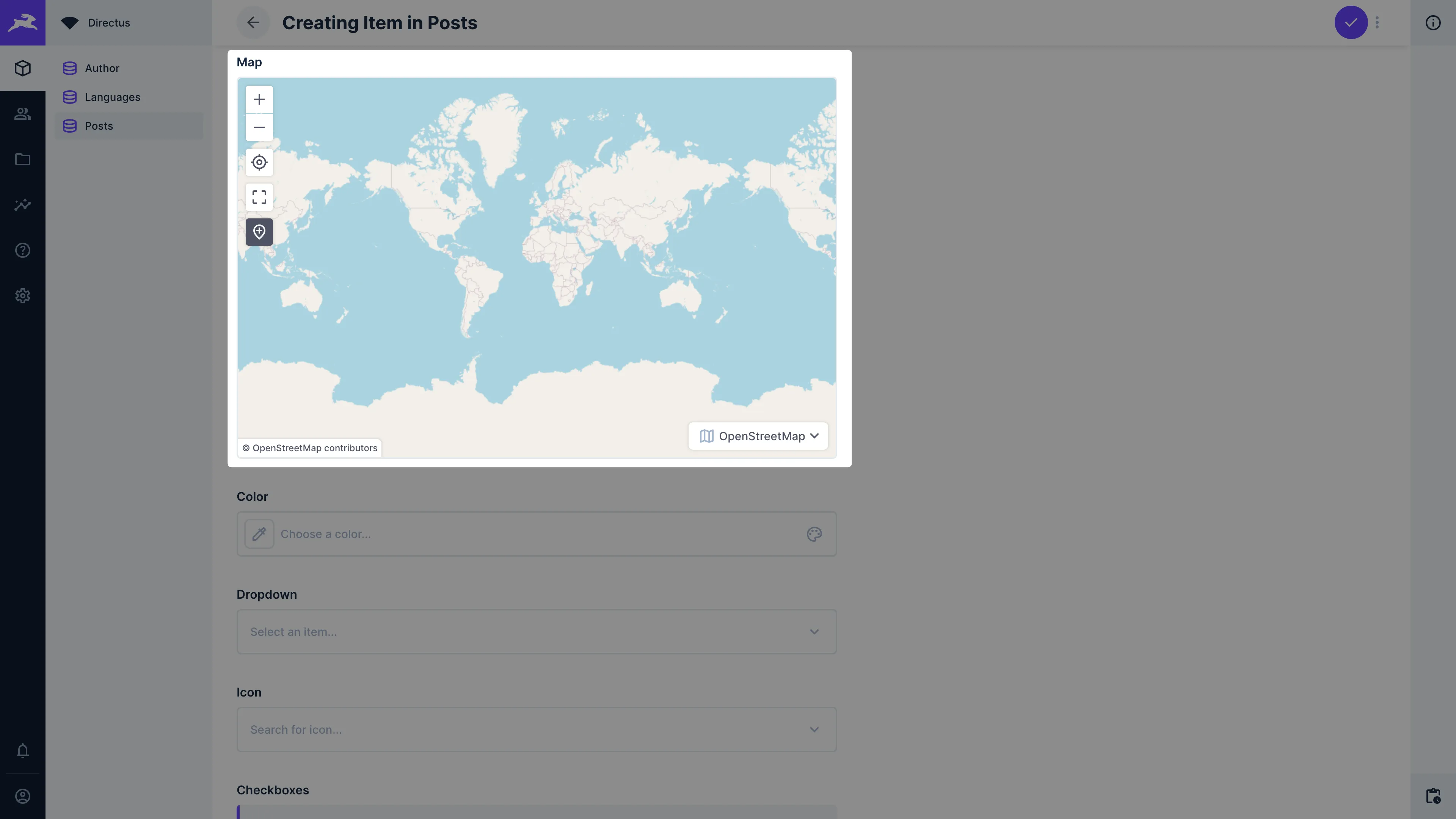 An interactive map interface that shows a single point on the east coast of the United States. Map has buttons for zoom, search, and full screen.