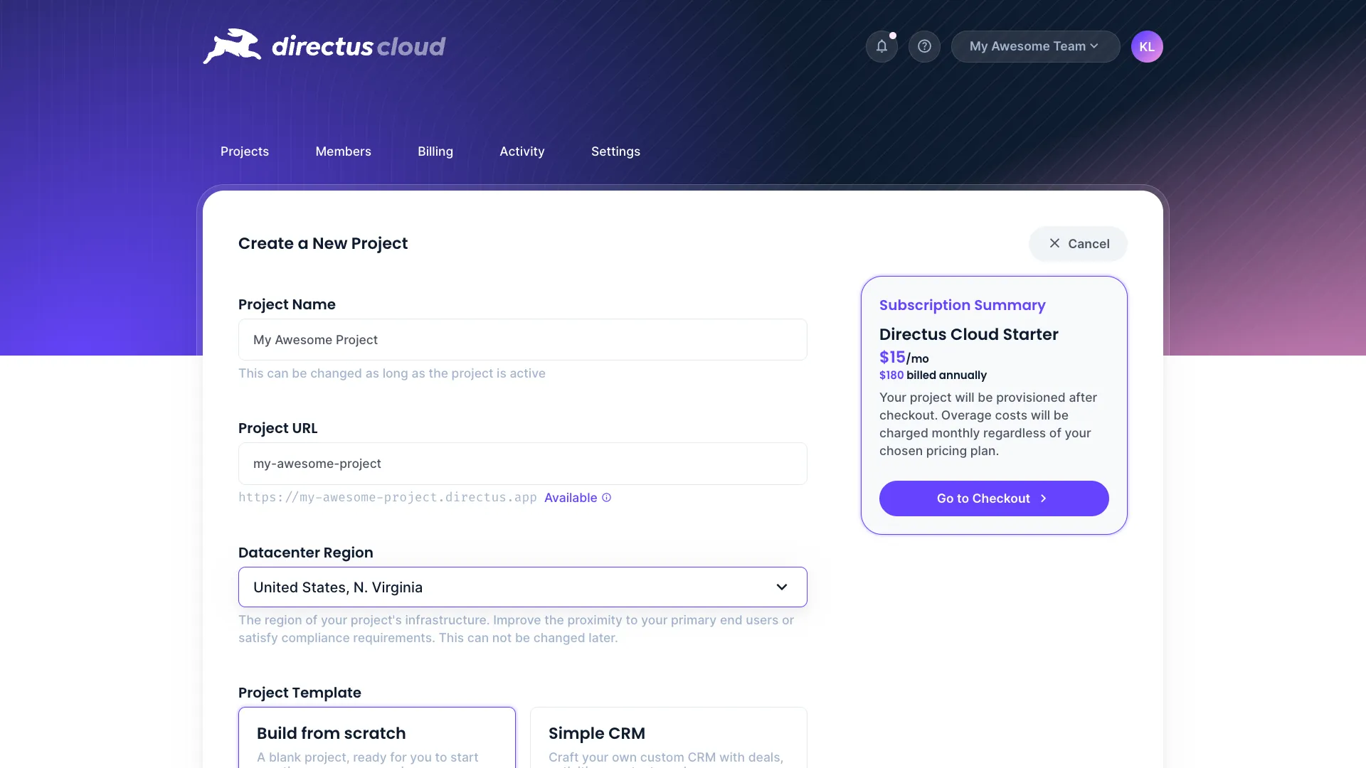 Create a new project page on Directus Cloud. Fields include name, region, url, and project template. An area to the side shows Directus Cloud Starter tier is selected at $15 a month.