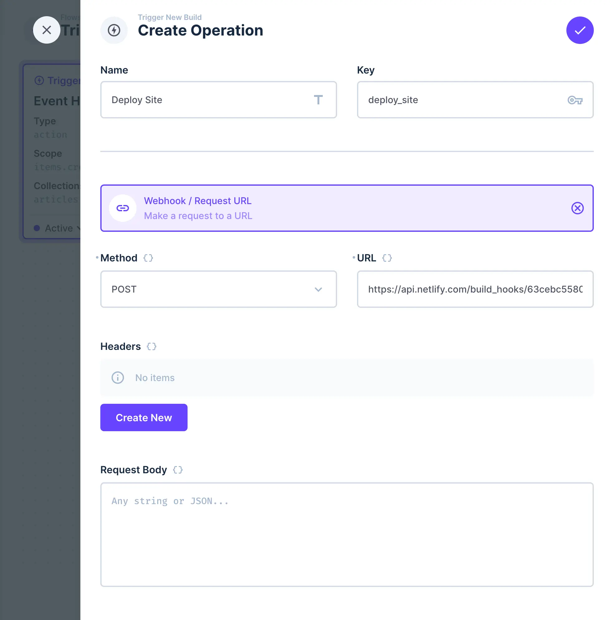 Within a Directus Flow, the Create Operation screen is shown. The Name of the Operation is "Deploy Site". The Operation type is "Webhook / Request URL". The Method selected is "POST". The URL field value is the an HTTP address for the build hook from the hosting platform.