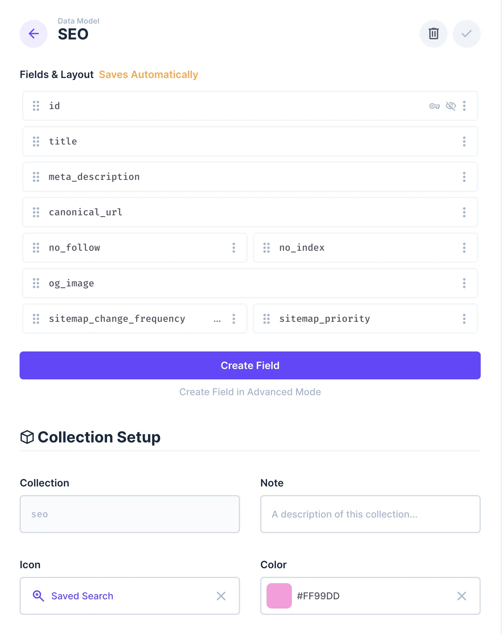 Screenshot of the SEO collection data model inside settings. Several fields are displayed like title, meta_description, canonical_url, and others related to the sitemap.