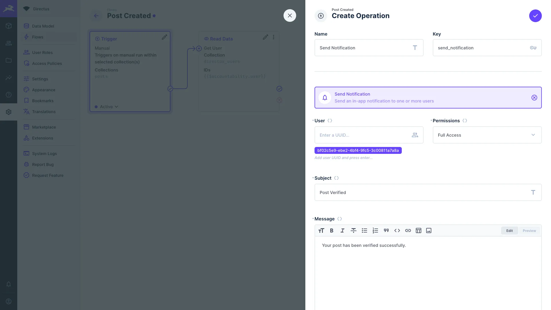 Send Notification operation configuration