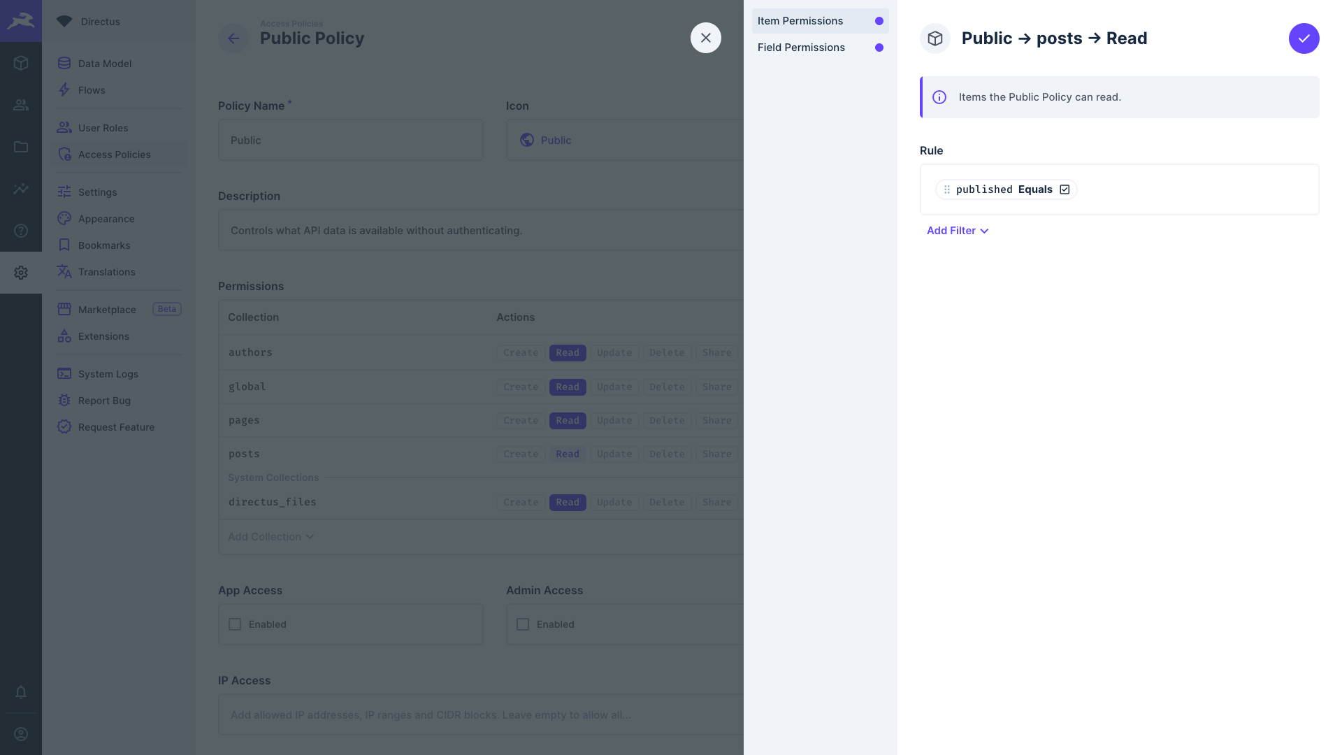 Public permissions page with the setting for only published posts to be accessible