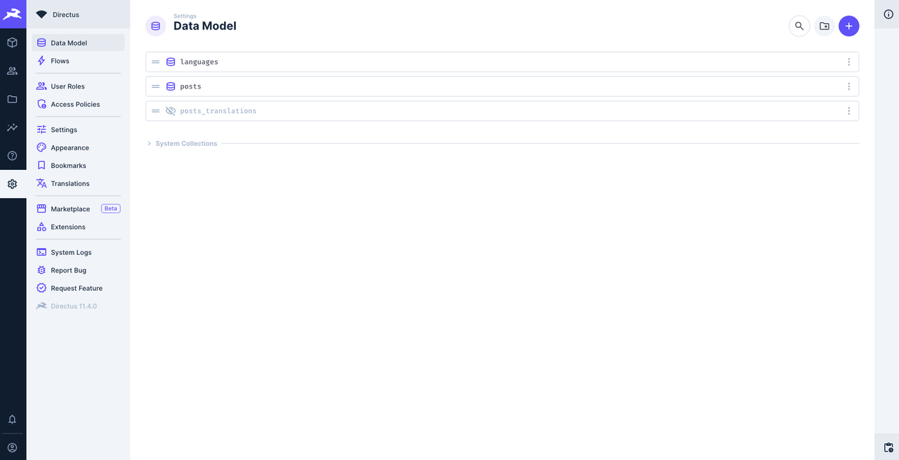 Data model showing the posts_translations and languages collections