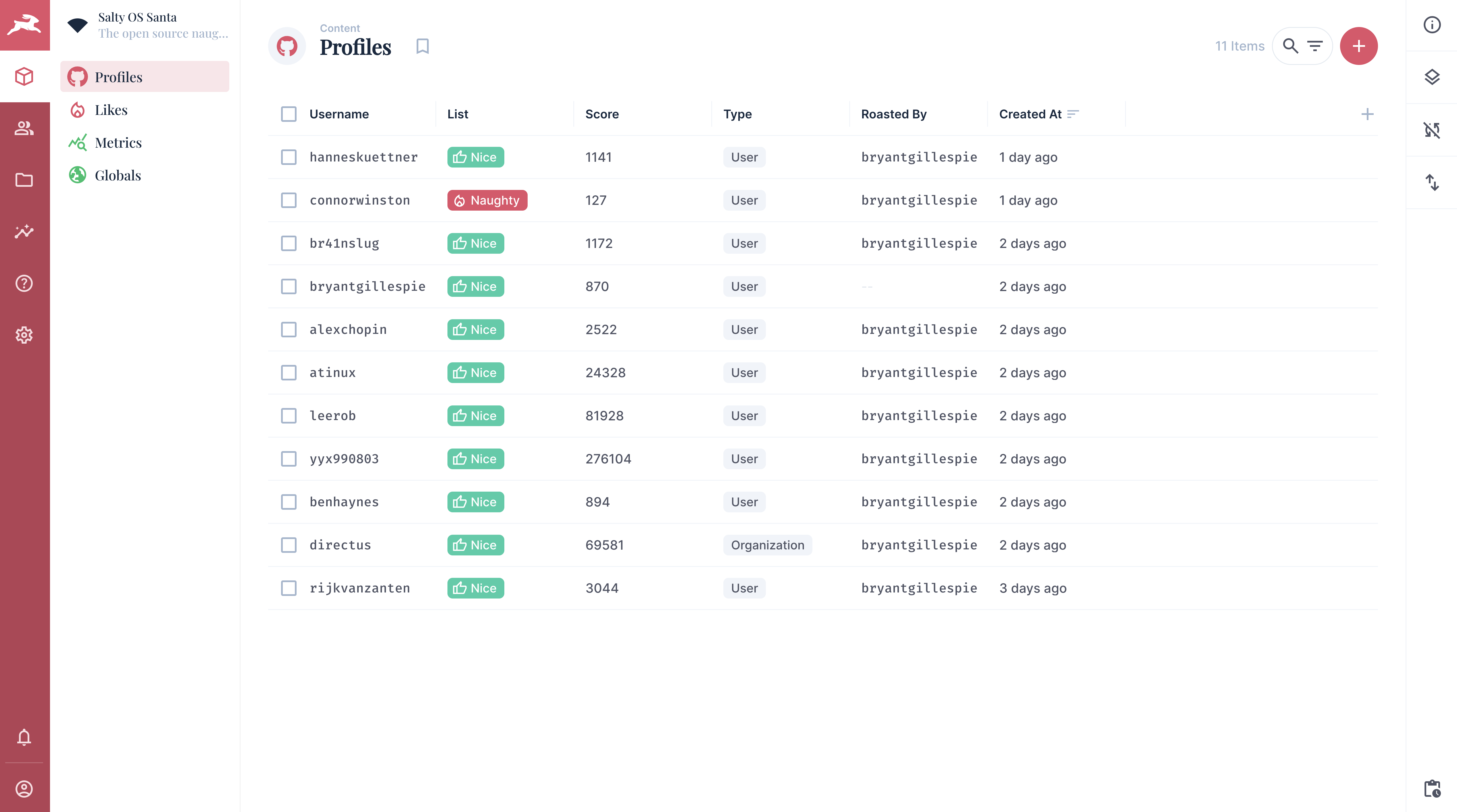 Profiles saved in the Salty OS Santa Directus project