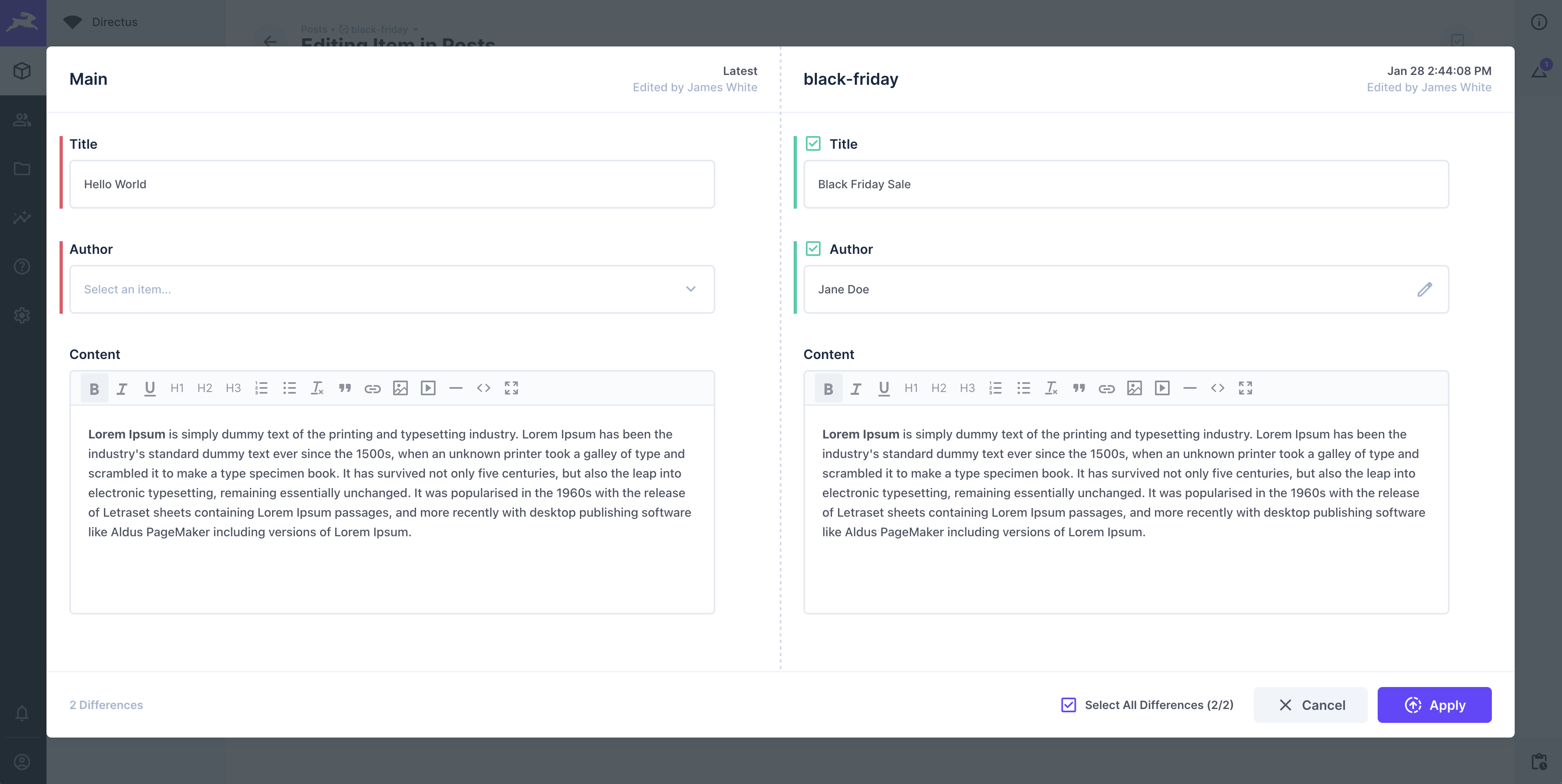 Promoting a version, comparing its changes